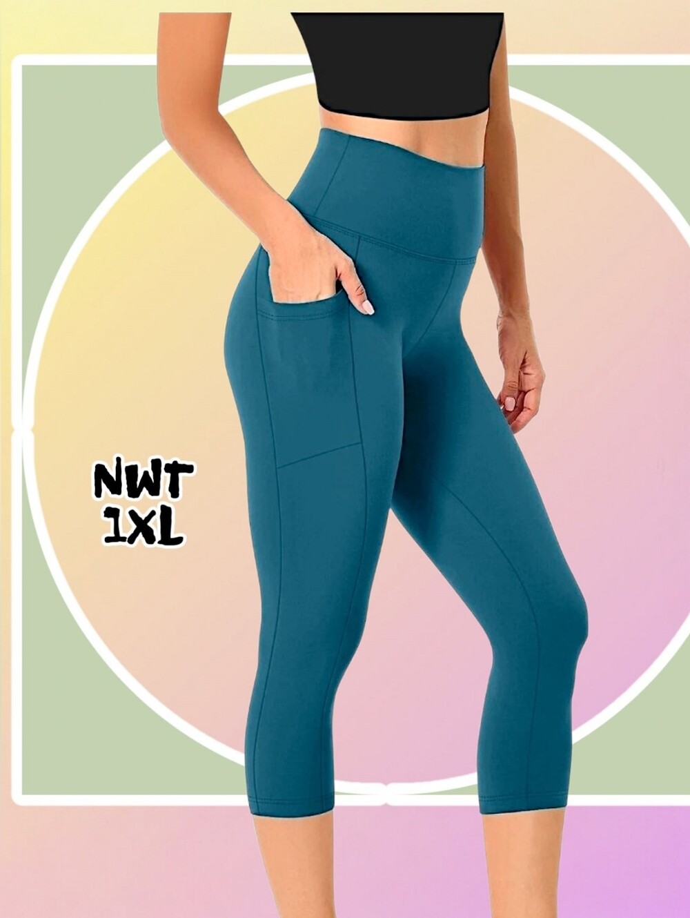NWT Capri High Waisted Leggings w 2 Pockets 1XL Ocean Green